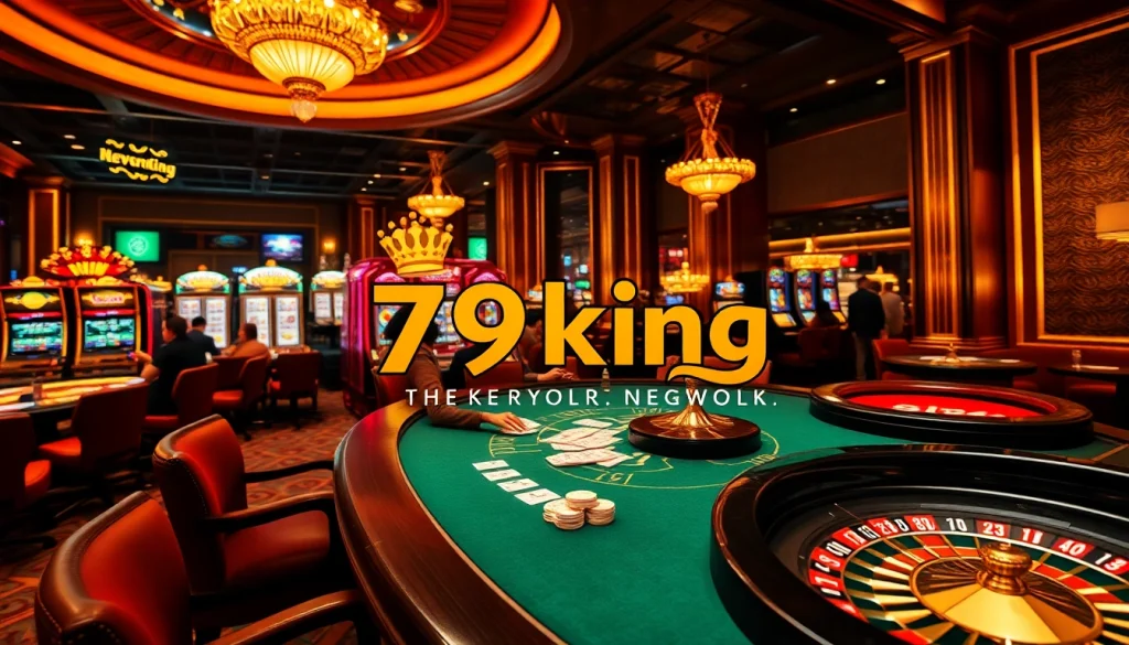Experience the thrill of 79king as players engage in high-stakes poker games surrounded by vibrant slot machines.