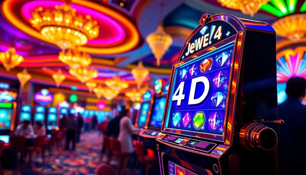 Jewel4d login slot dengan desain mesin slot mewah di kasino yang berwarna-warni.