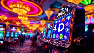 Jewel4d login slot dengan desain mesin slot mewah di kasino yang berwarna-warni.
