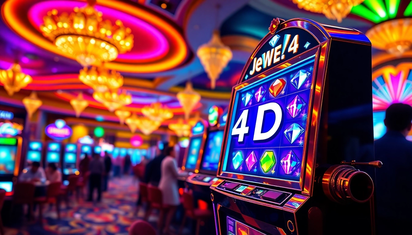 Jewel4d login slot dengan desain mesin slot mewah di kasino yang berwarna-warni.