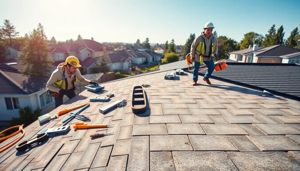 Contractors working on a residential roof showcasing Twin Shield Roofing expertise in a sunny suburban setting.