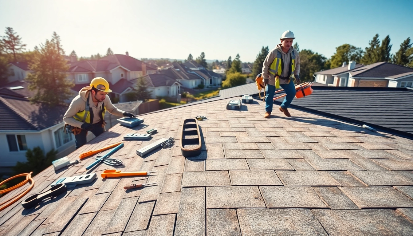 Contractors working on a residential roof showcasing Twin Shield Roofing expertise in a sunny suburban setting.