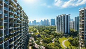 Showcase of modern condominiums from https://newdeveloperlaunch.sg amidst a lush urban setting.
