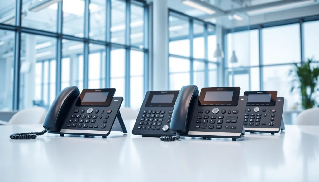 Explore advanced UK phone systems in a modern office showcasing sleek devices and professional atmosphere.