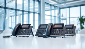 Explore advanced UK phone systems in a modern office showcasing sleek devices and professional atmosphere.