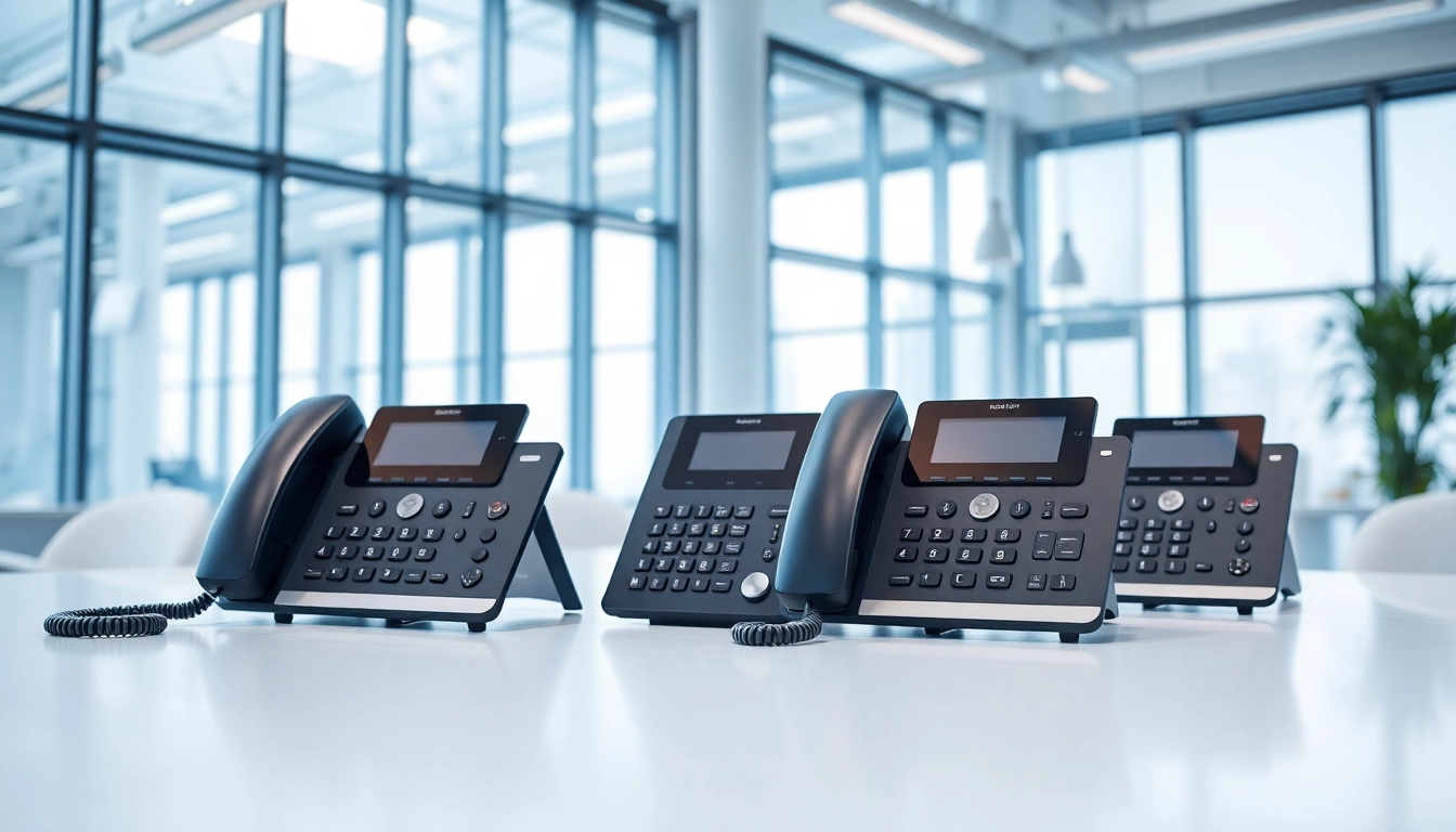 Explore advanced UK phone systems in a modern office showcasing sleek devices and professional atmosphere.