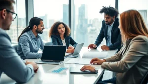 Business consultants at Quickplus Business Consultants collaborating in a modern office environment.