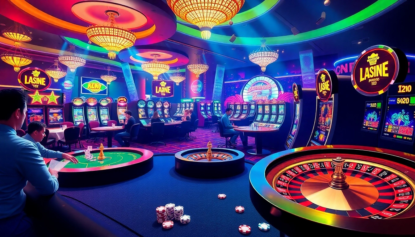 A lively casino atmosphere featuring roulette, poker tables, and KJC's innovative gaming elements.