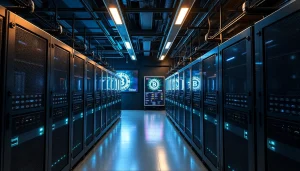 Crypto mining facility with advanced ASIC miners and digital screens showcasing mining stats.