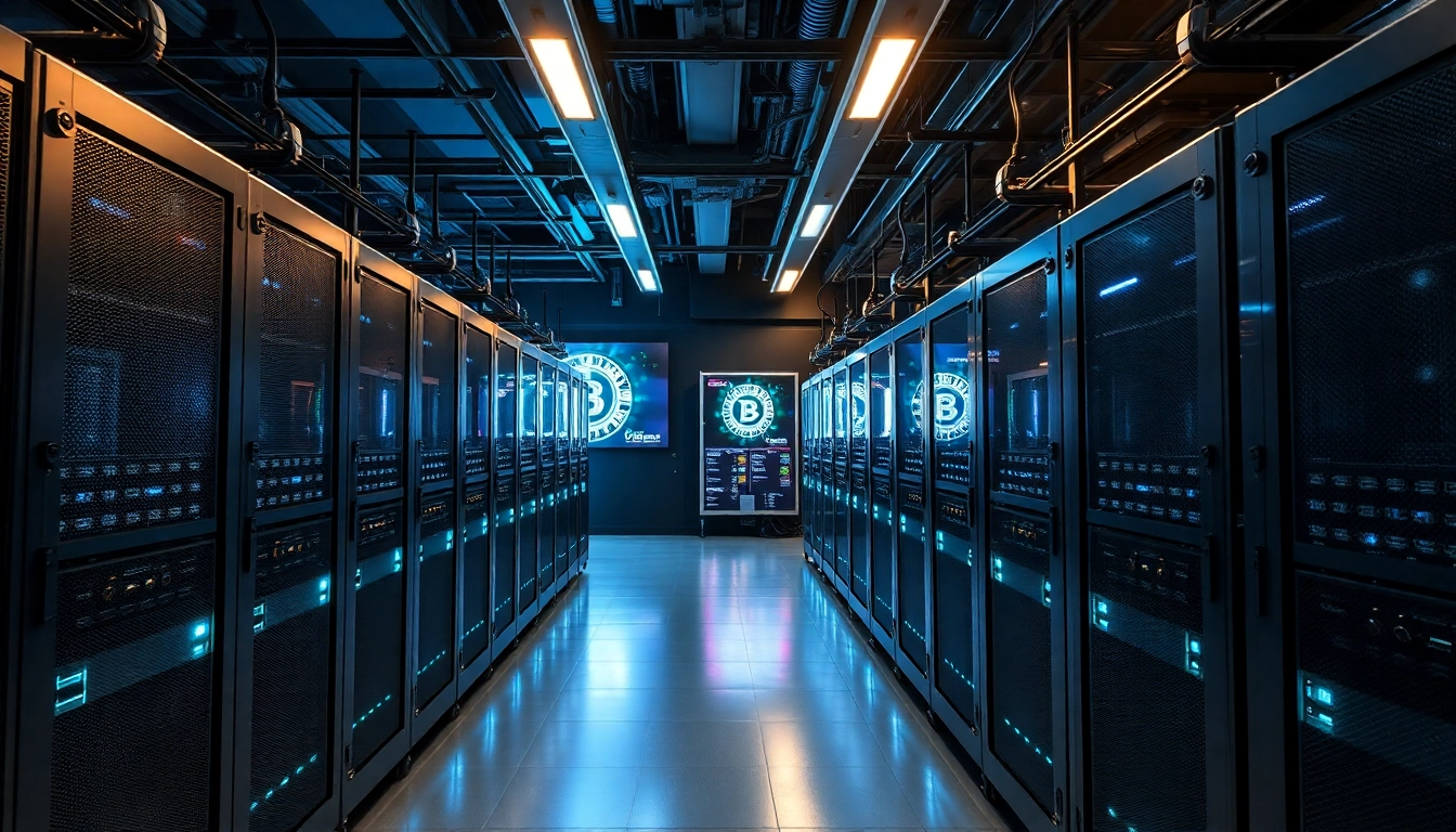 Crypto mining facility with advanced ASIC miners and digital screens showcasing mining stats.