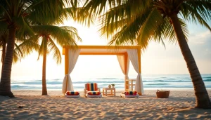 Relaxing scene of a coastal cabana at sunset, surrounded by palm trees and sandy beach.