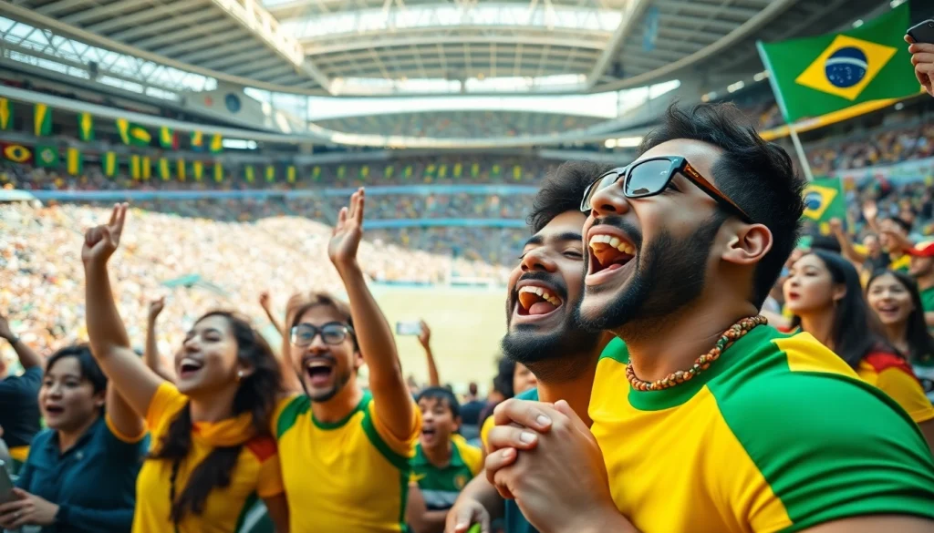 Cheering fans celebrating sports betting Brazil in a lively Brazilian stadium filled with excitement.
