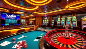 Experience the excitement of XX88 with vibrant gambling visuals of poker tables and slot machines.