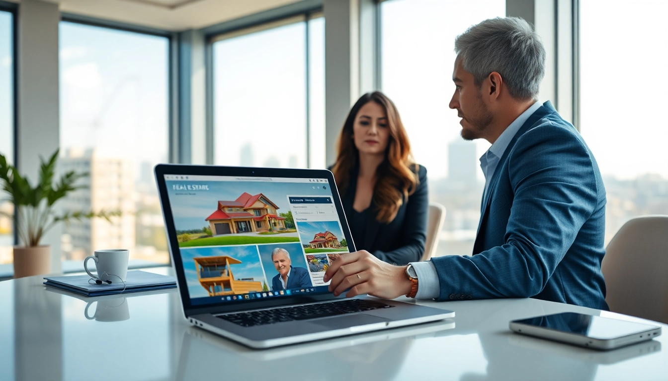 Engaging real estate agent highlighting property listings for clients in a modern office