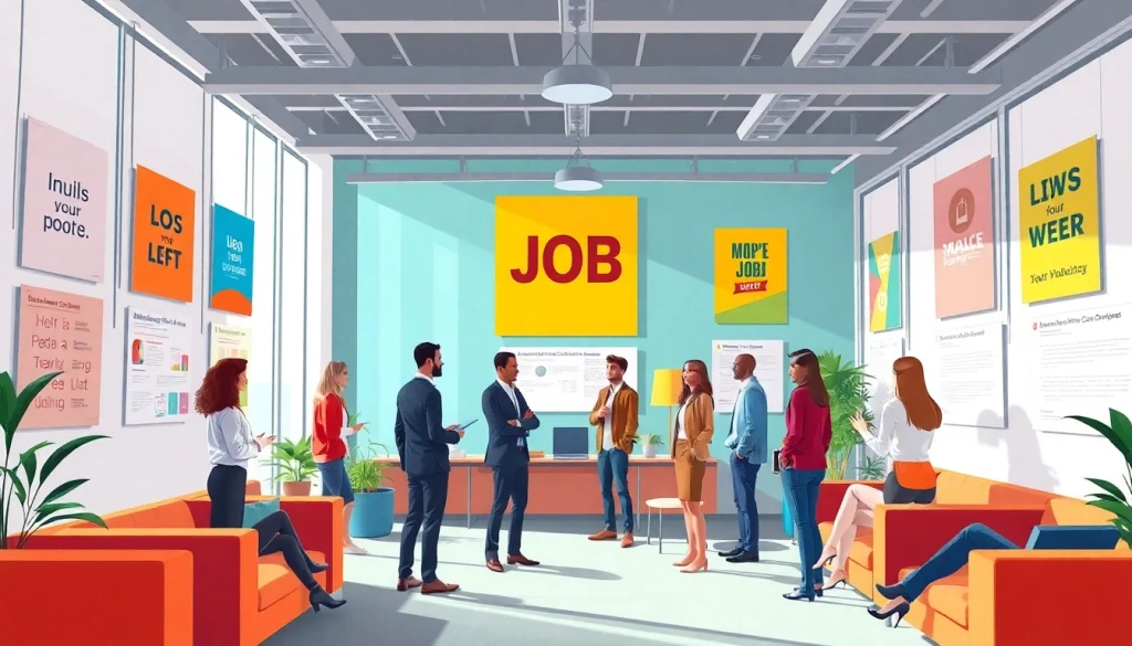 Promote free job post chicago with a vibrant scene of professionals discussing opportunities.