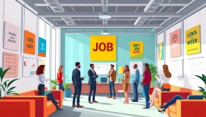 Promote free job post chicago with a vibrant scene of professionals discussing opportunities.