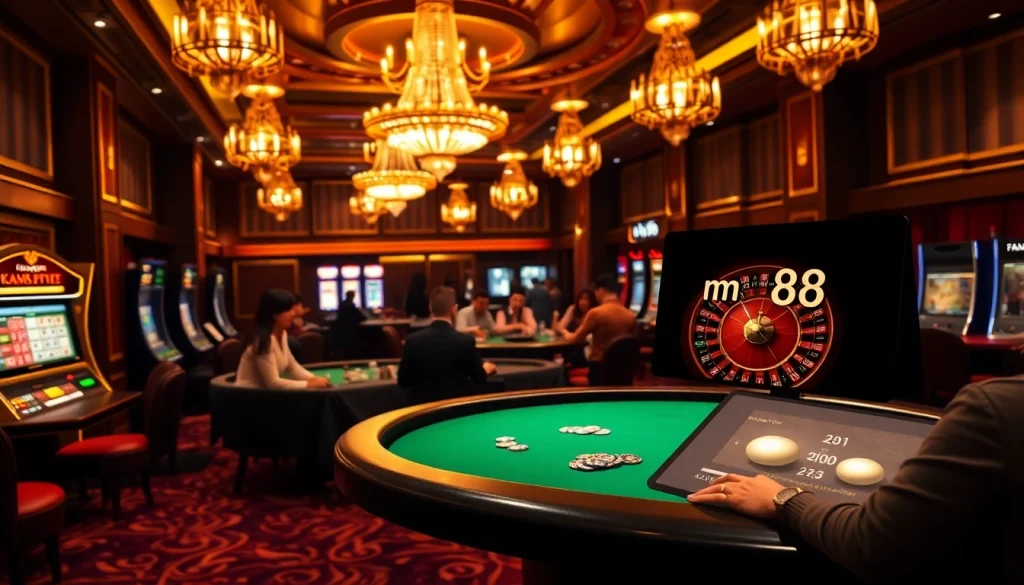 Experience mm88 with an excited group playing poker at a lavish casino table, surrounded by dynamic gaming elements.