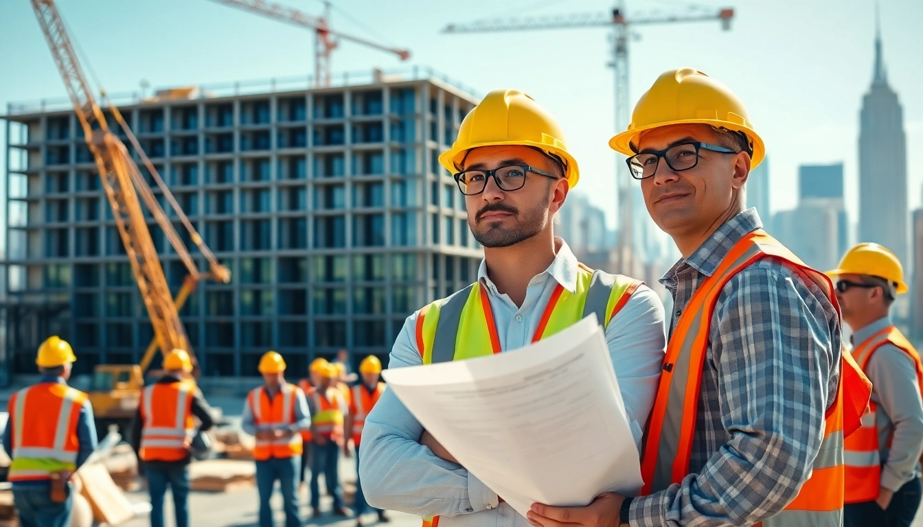 New York General Contractor managing a construction site, ensuring safety and teamwork in a dynamic urban environment.