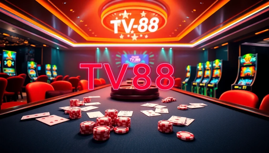 Experience the excitement of betting at TV88 with vibrant casino tables and spinning roulette wheels.