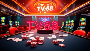 Experience the excitement of betting at TV88 with vibrant casino tables and spinning roulette wheels.