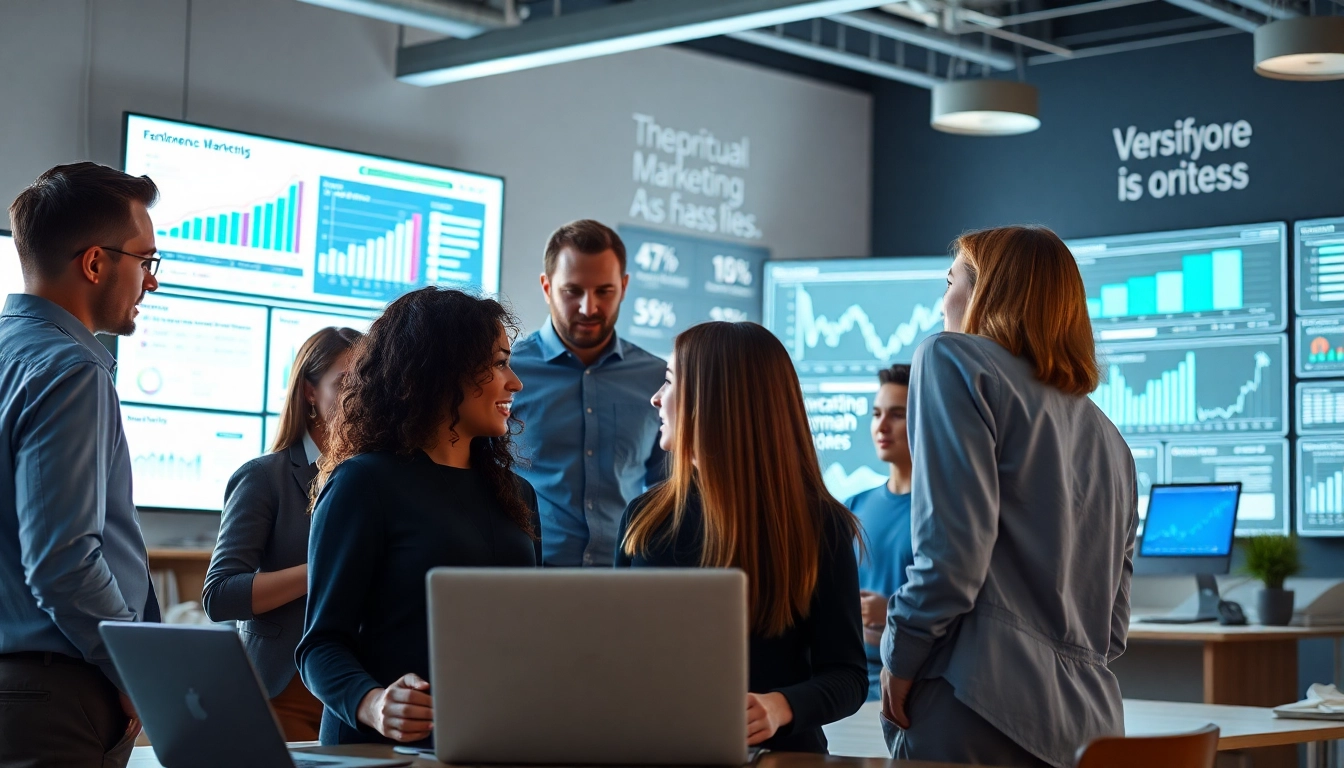 Team analyzing digital marketing strategies with a focus on 79king in a modern office.