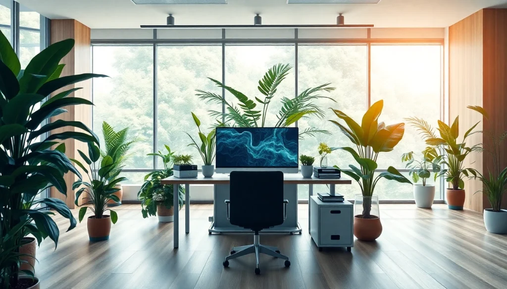 Technology workstation surrounded by greenery, reflecting innovation and sustainability.