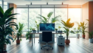 Technology workstation surrounded by greenery, reflecting innovation and sustainability.