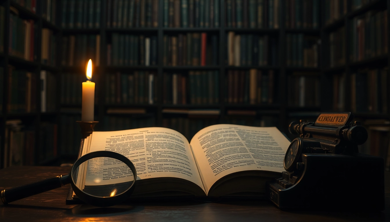 Engaging scene with a thriller book surrounded by mysterious props in a dimly lit study.