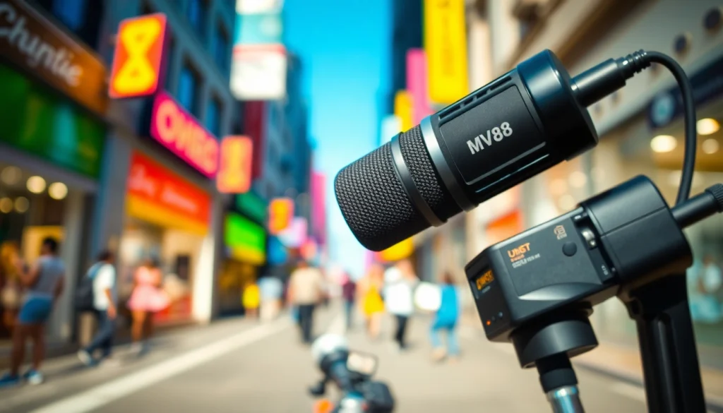 Capture the MV88 microphone in a vibrant urban setting with detailed design features.