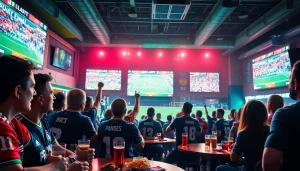 스포츠중계를 즐기는 다양한 팬들이 생동감 넘치는 스포츠 바에서 경기 관람 중입니다.