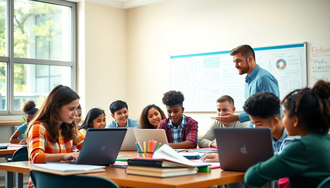 Students collaborating in a vibrant classroom focused on Education, illustrating teamwork and engagement.