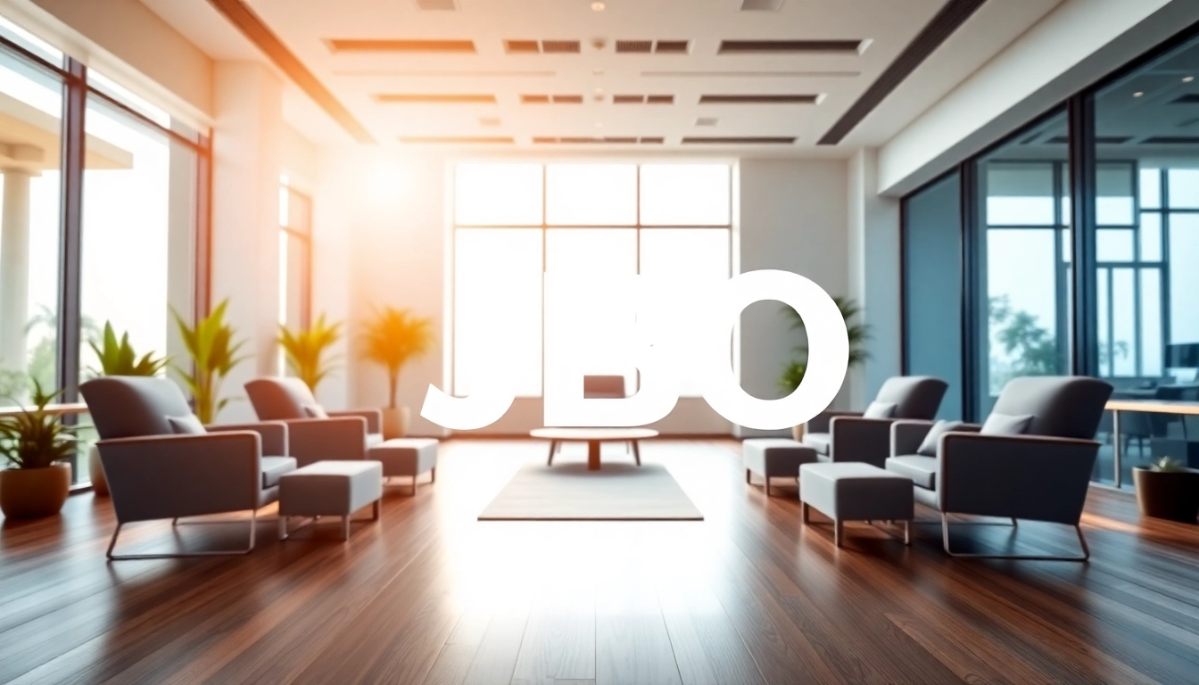 Showcasing JBO branding in an energetic conference room environment with modern decor.