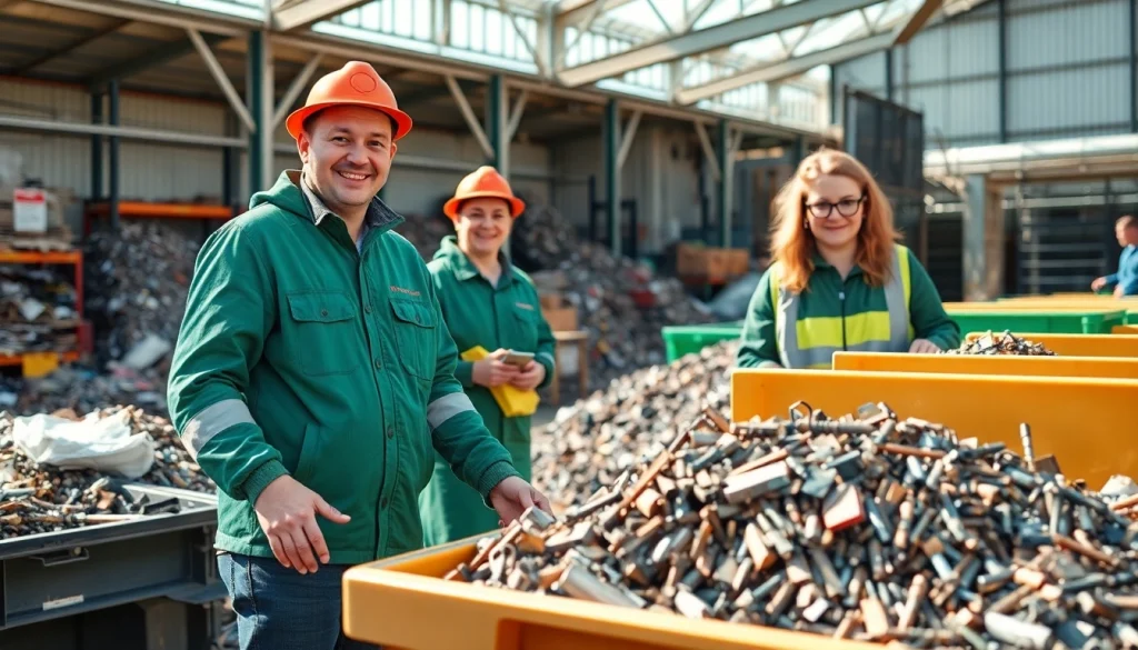 Schrottabholung Oberhausen: Mitarbeiter sortieren Altmetalle auf einem modernen Schrottplatz.