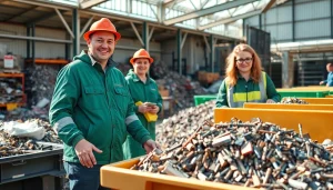 Schrottabholung Oberhausen: Mitarbeiter sortieren Altmetalle auf einem modernen Schrottplatz.