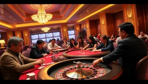 Players engaging in a thrilling poker game at Liên Minh KJC's luxurious casino, showcasing excitement and strategy.