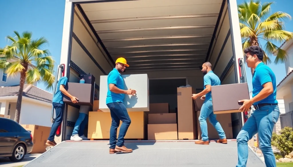 Professional movers from a San Diego Moving Company loading furniture into a truck in a sunny neighborhood.