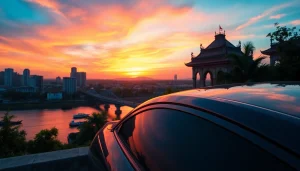 Car hire in Kuching with a sleek rental car against a stunning sunset cityscape.