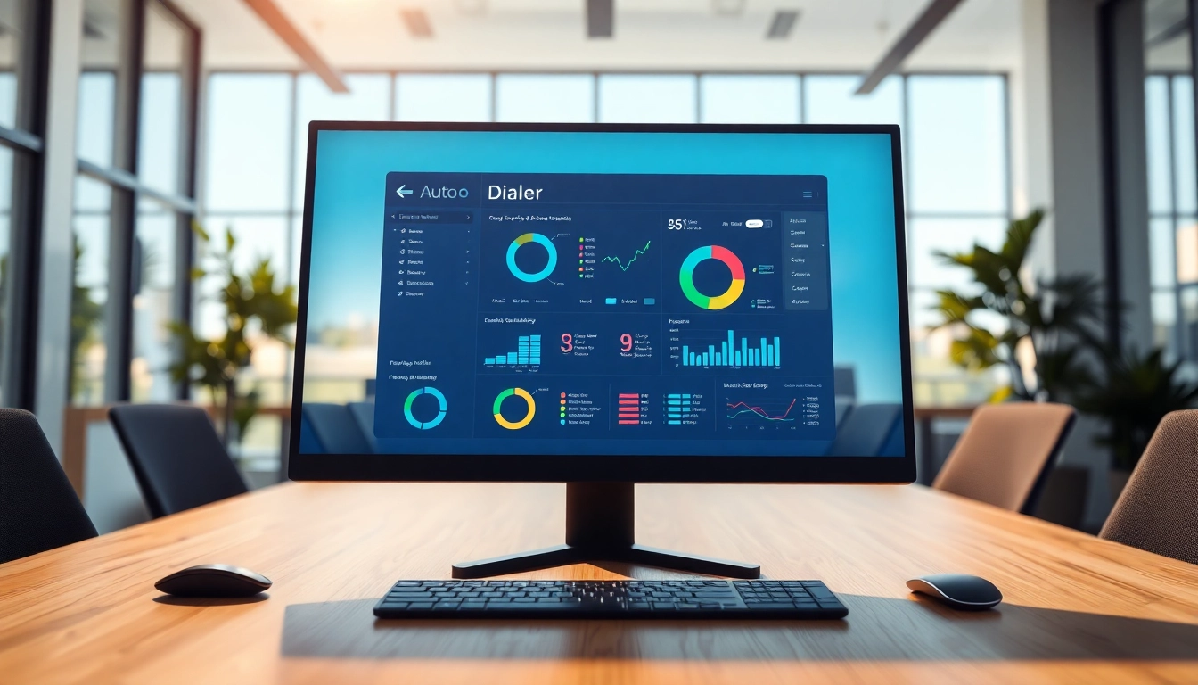 Visualize an auto dialer software in a modern office setting highlighting productivity tools.