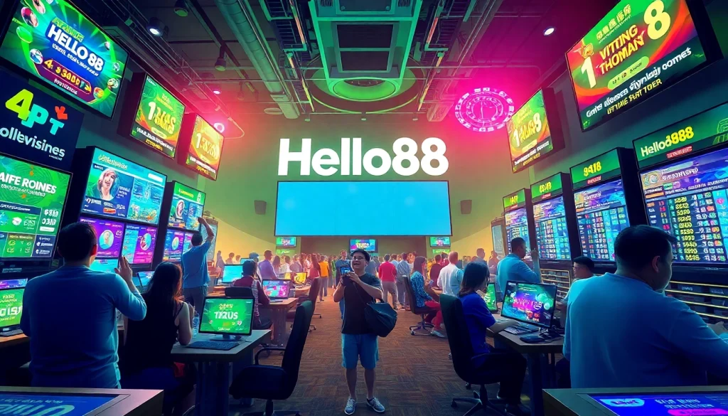 Hello88 gaming environment with engaged players and vibrant digital interfaces showcasing online betting excitement.