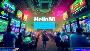 Hello88 gaming environment with engaged players and vibrant digital interfaces showcasing online betting excitement.
