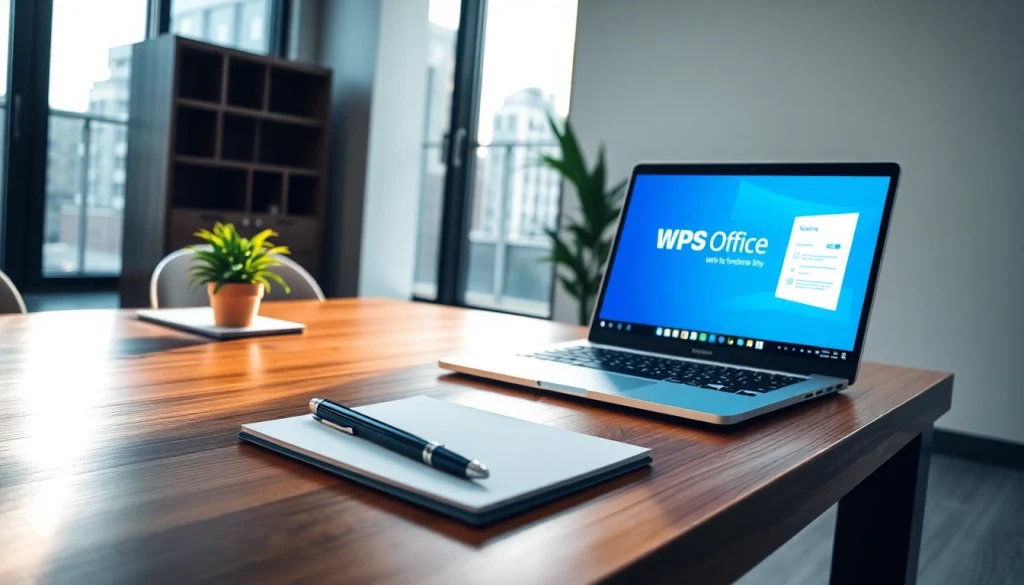 WPS下载 showcased on a modern office desk with a laptop and stationery, highlighting productivity.