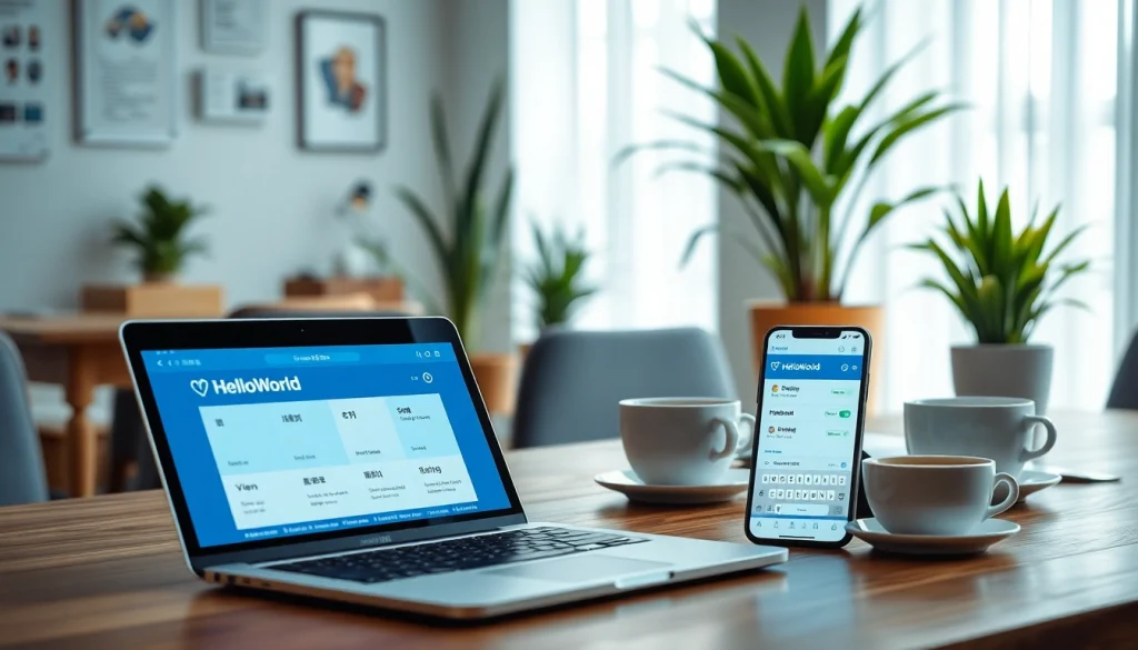 HelloWorld电脑版 software interface displayed on a modern laptop, emphasizing efficient digital communication.