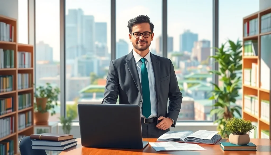 Environmental lawyer confidently discussing sustainability in a modern office with legal documents.