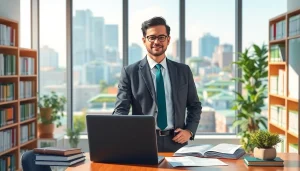 Environmental lawyer confidently discussing sustainability in a modern office with legal documents.