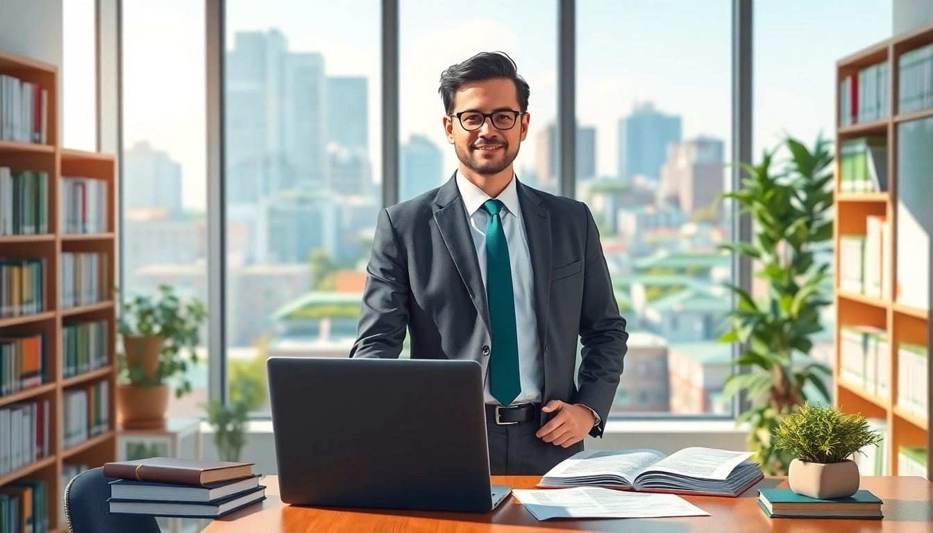 Environmental lawyer confidently discussing sustainability in a modern office with legal documents.