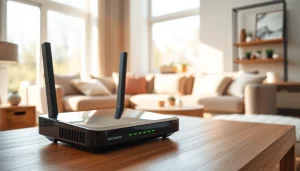 Setting up a vpn router for home on a stylish table in a modern living room.