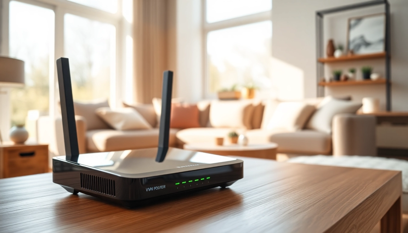 Setting up a vpn router for home on a stylish table in a modern living room.
