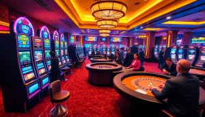 Experience thrilling gambling action with XN88's vibrant casino scene featuring slot machines, tables, and professional players.