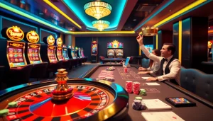 Kuwin 3 promotes excitement in online gambling, featuring a vibrant casino scene with roulette and poker.