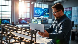 Crafting intricate steel structure design with blueprints and structural models in a professional environment.